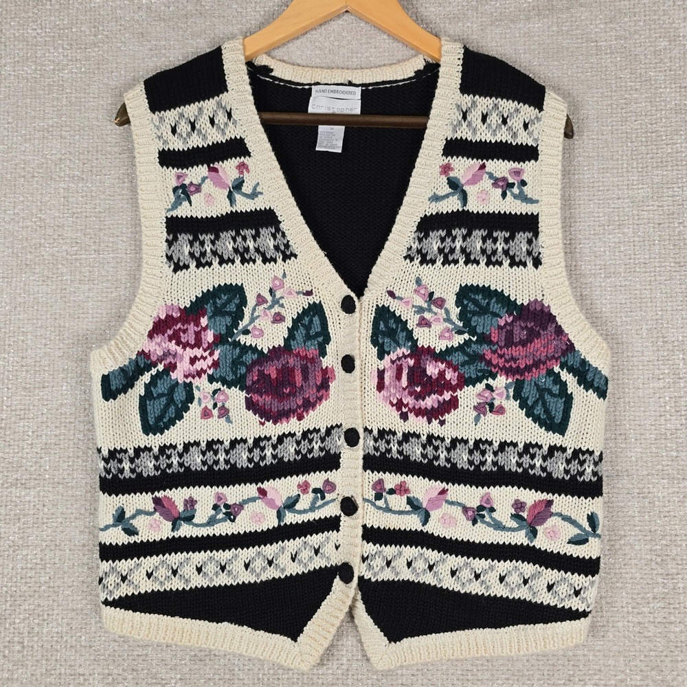 Christopher & Banks Hand Embroidered Floral Fair Isle Sweater Vest Black Cream M
